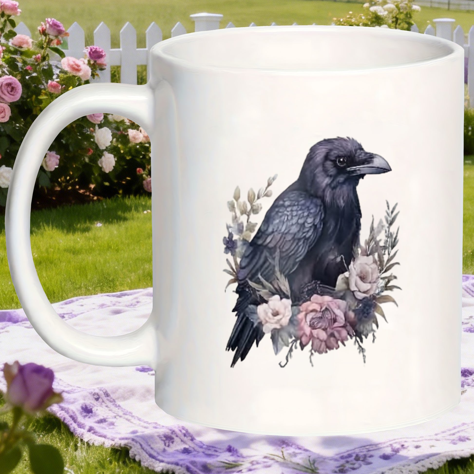 Tailorly White Ceramic 11 oz Mug - gothic style black floral