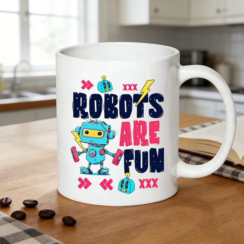 Tailorly White Ceramic 11 oz Mug - colorful cartoon robots