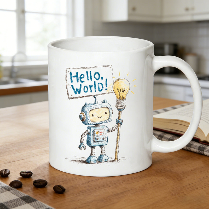 Tailorly White Ceramic 11 oz Mug - hello world robot with lightbulb print