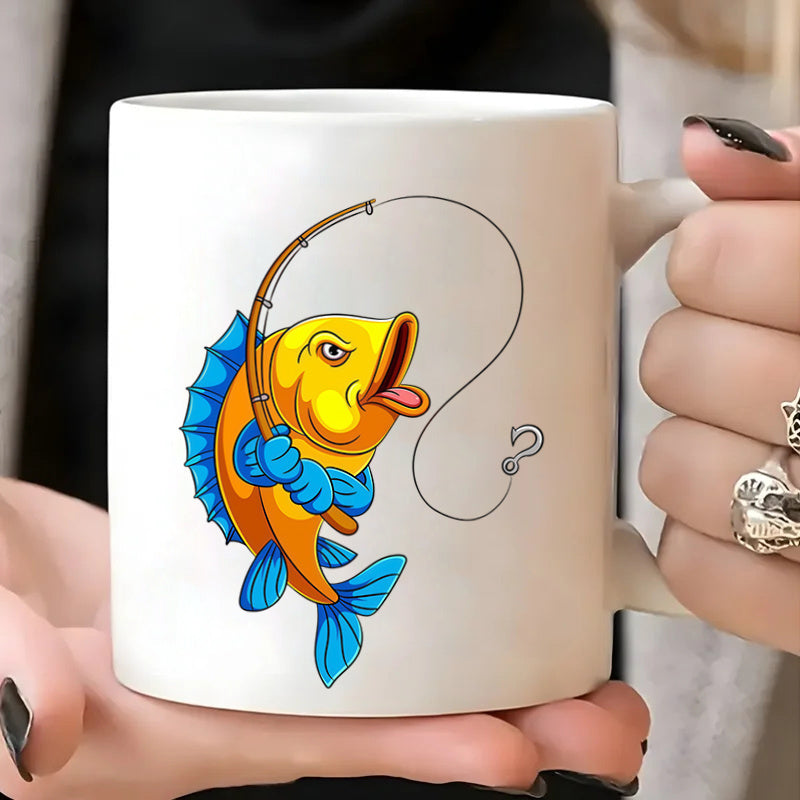 Tailorly White Ceramic 11 oz Mug - funny meme cartoon fishing holding rod design