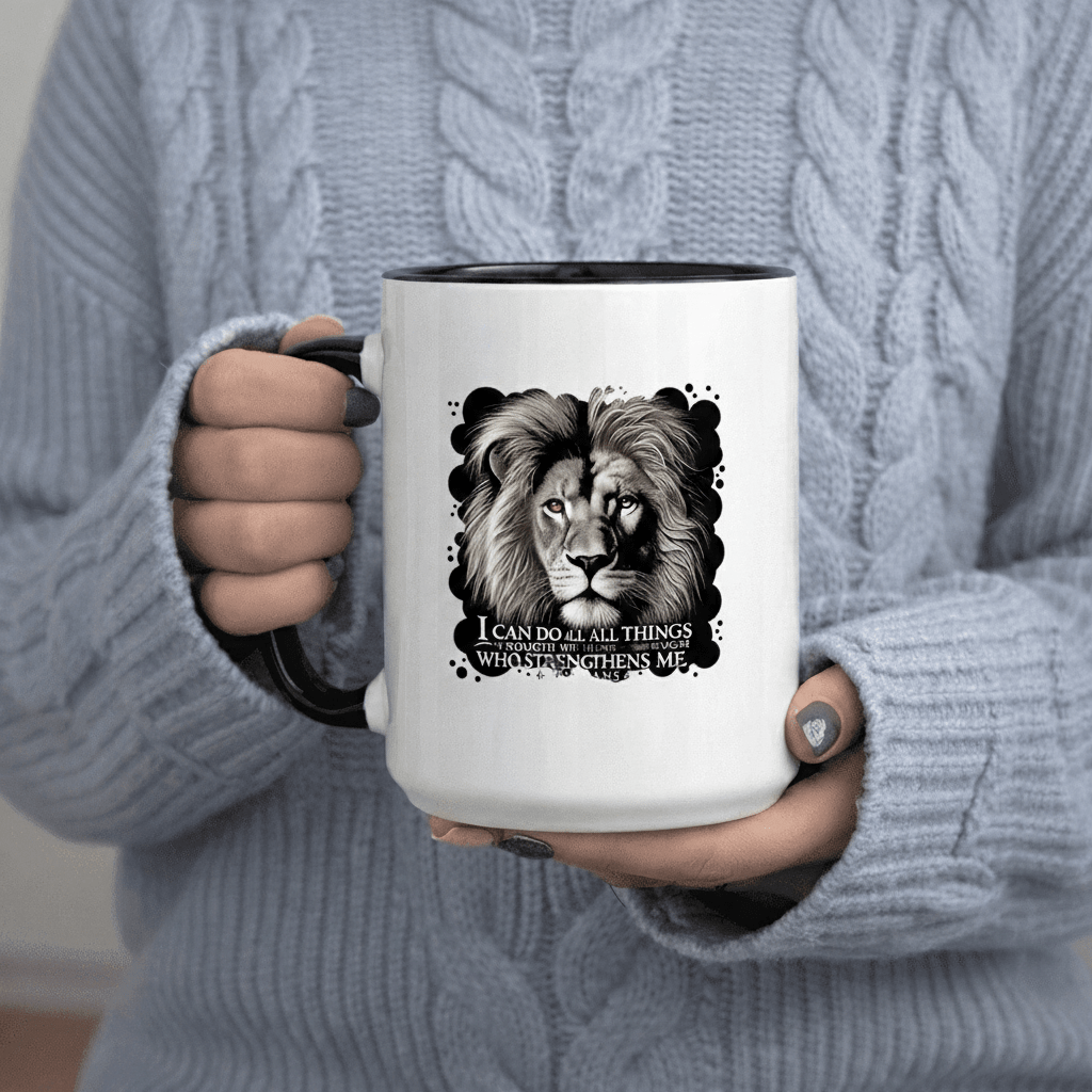 Tailorly Black Accent 11 oz Mug - All Things Through Who Strengthens Me Lion