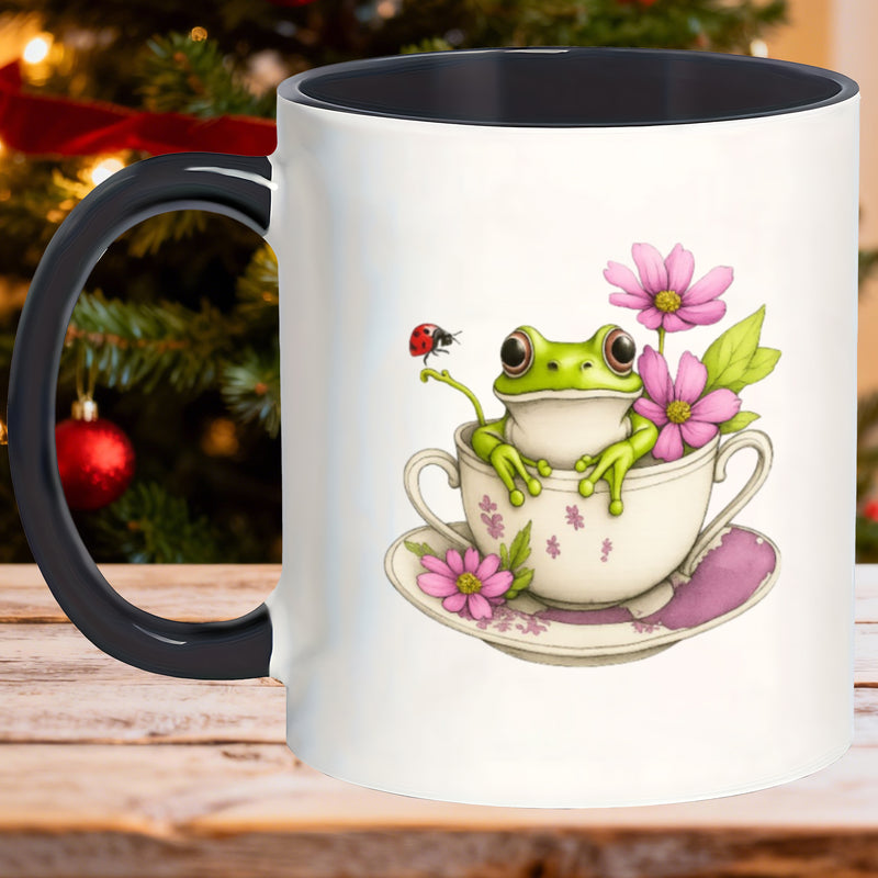 Tailorly Black Accent 11 oz Mug - adorable frog pink flower