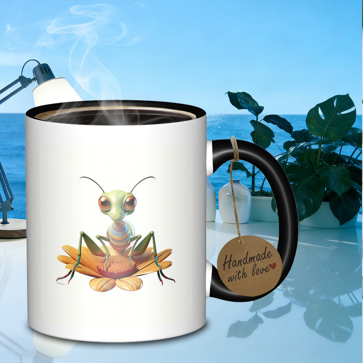Tailorly Black Accent 11 oz Mug - cartoon bug on flower