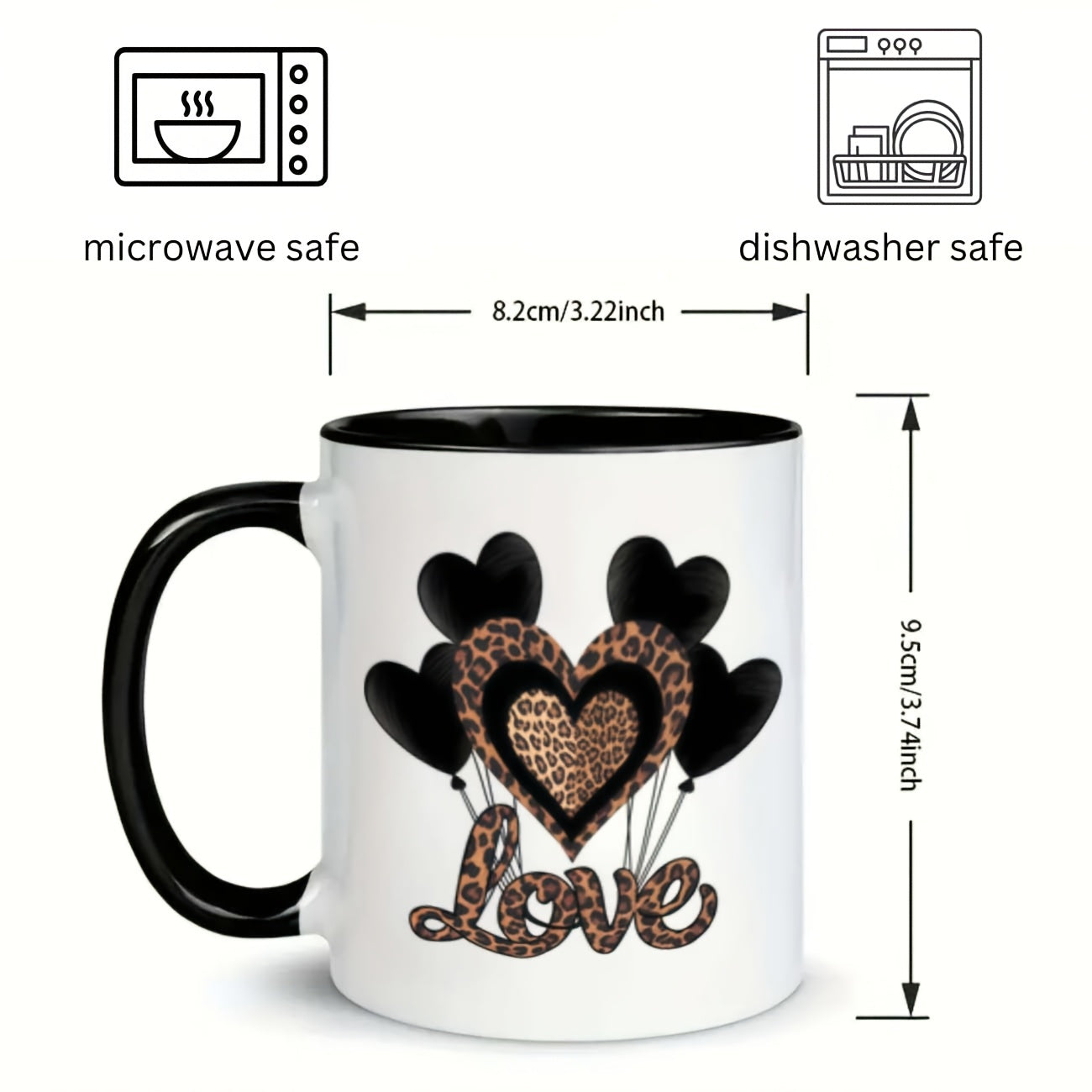 Tailorly Black Accent 11 oz Mug - leopard design with hearts