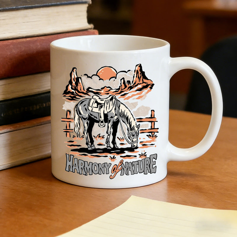 Tailorly White Ceramic 11 oz Mug - desert scene cowboy horse retro style