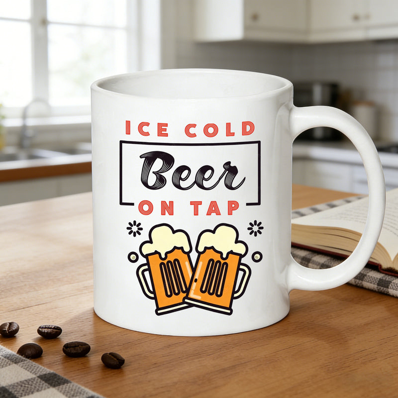 Tailorly White Ceramic 11 oz Mug - ice cold beer cheers beer mugs gift bar enthusiasts