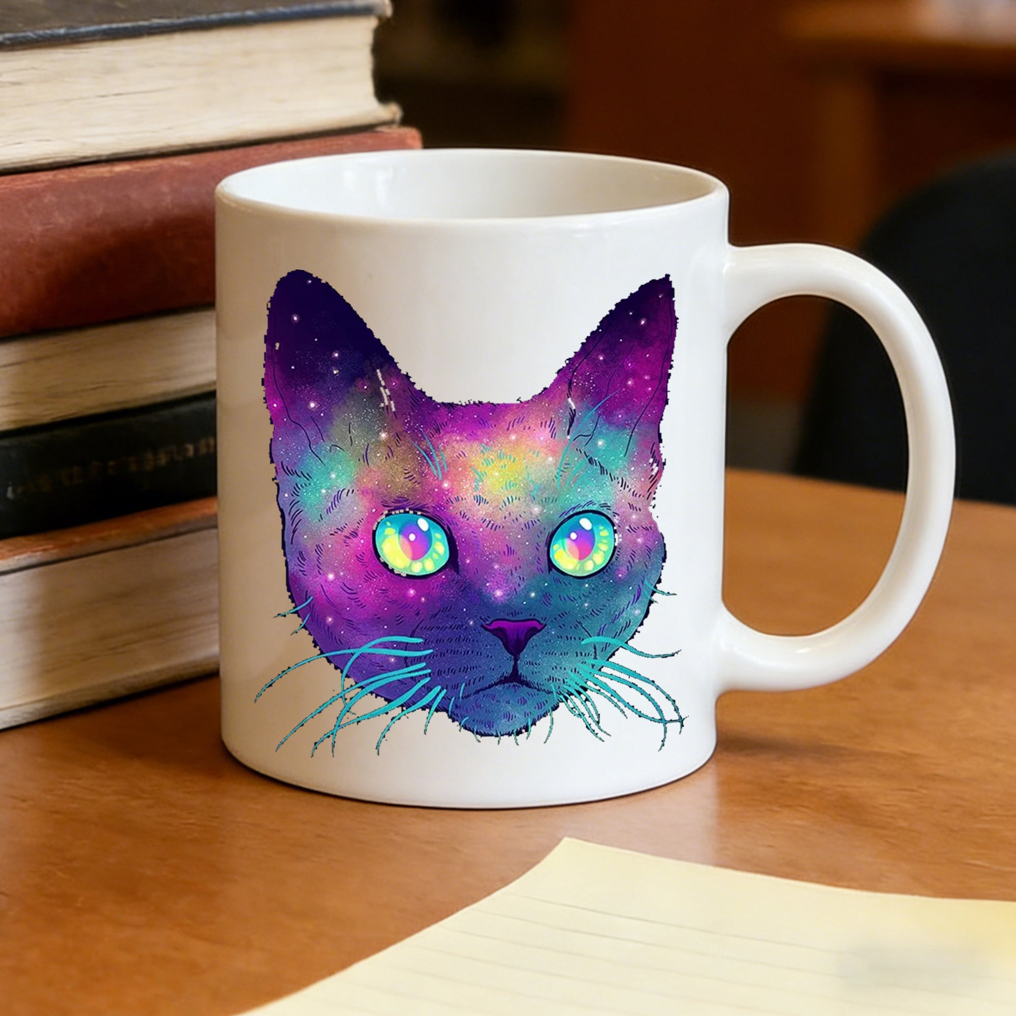 Tailorly White Ceramic 11 oz Mug - psychedelic nebula with cat