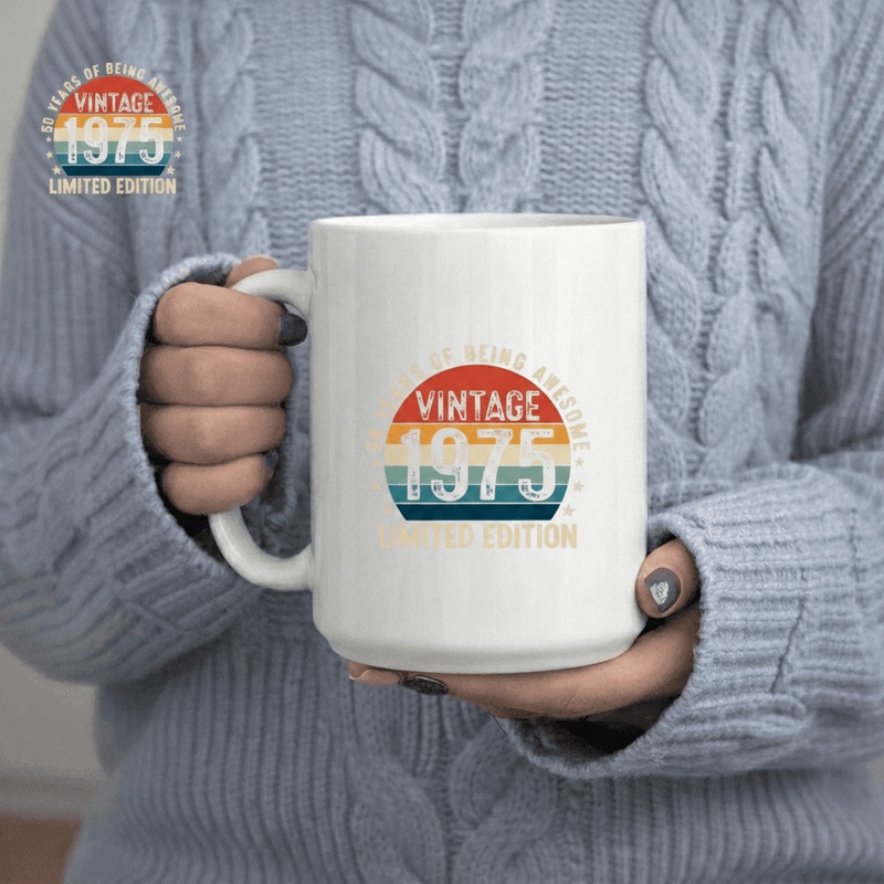 Tailorly White Ceramic 11 oz Mug - Vintage 1975 Years of Being Awesome text