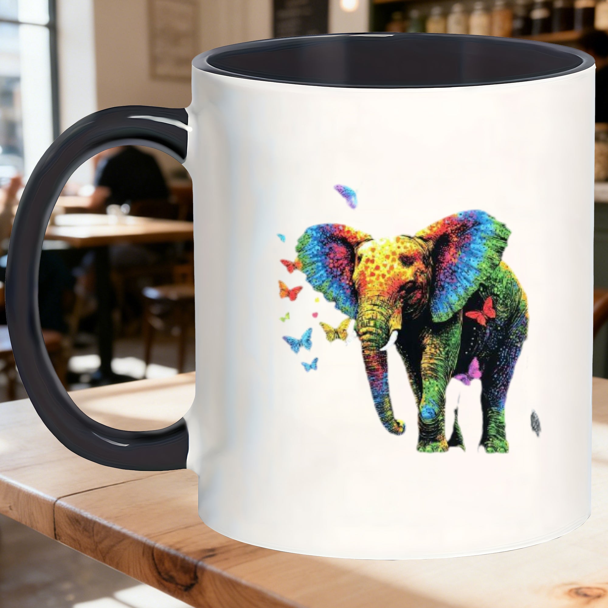 Tailorly Black Accent 11 oz Mug - elephant surrounded by butterflies