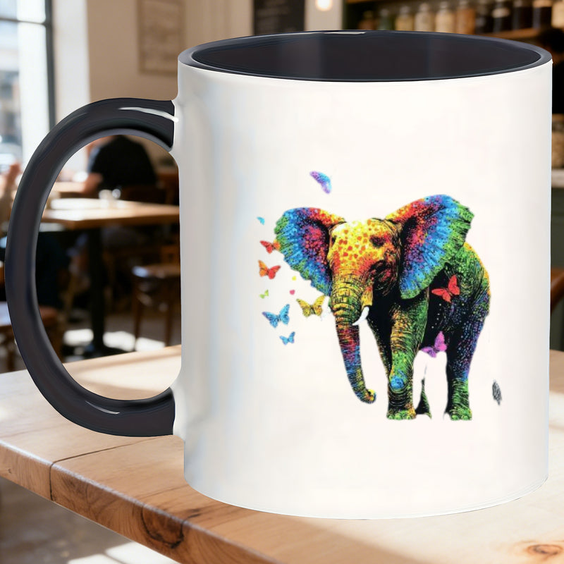 Tailorly Black Accent 11 oz Mug - elephant surrounded by butterflies