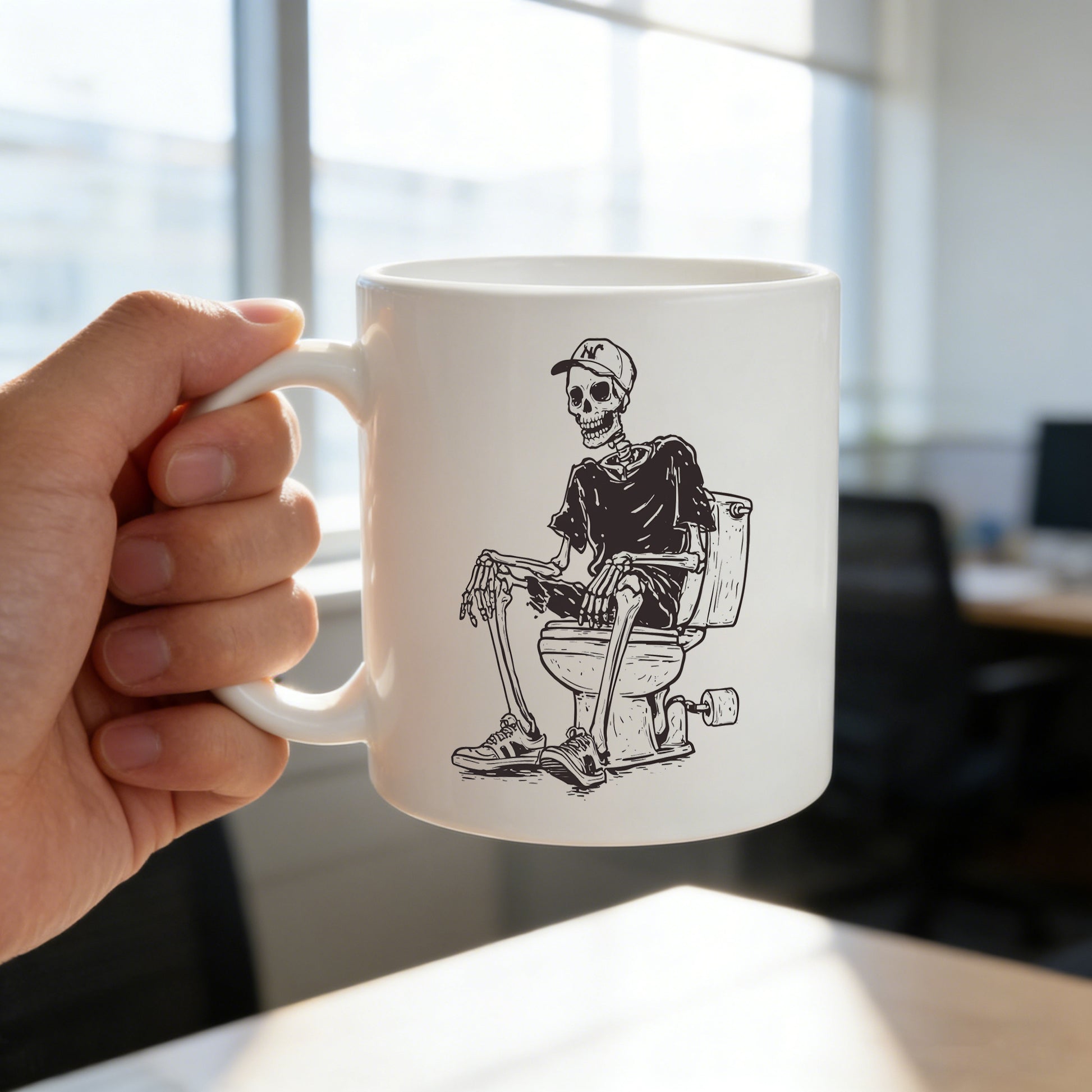 Tailorly White Ceramic 11 oz Mug - funny skeleton on toilet retro sketch print