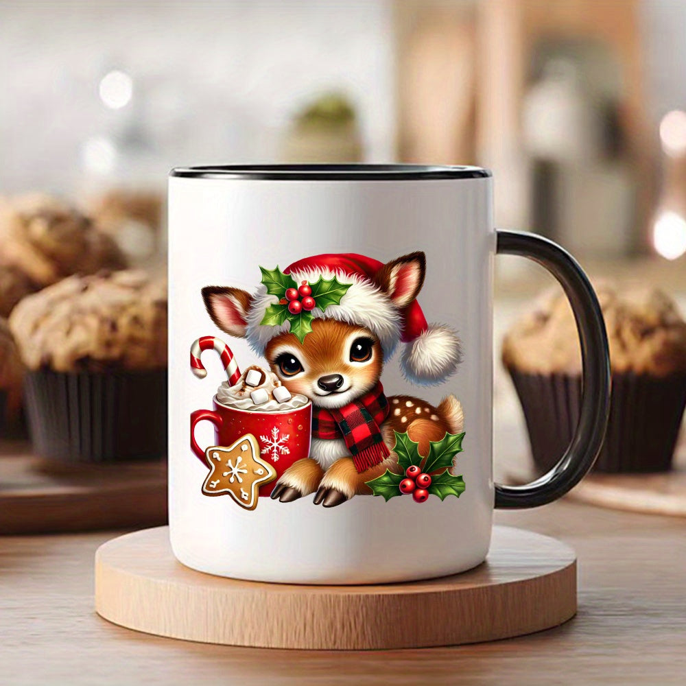 Tailorly Black Accent 11 oz Mug - deer with santa hat and holly christmas design