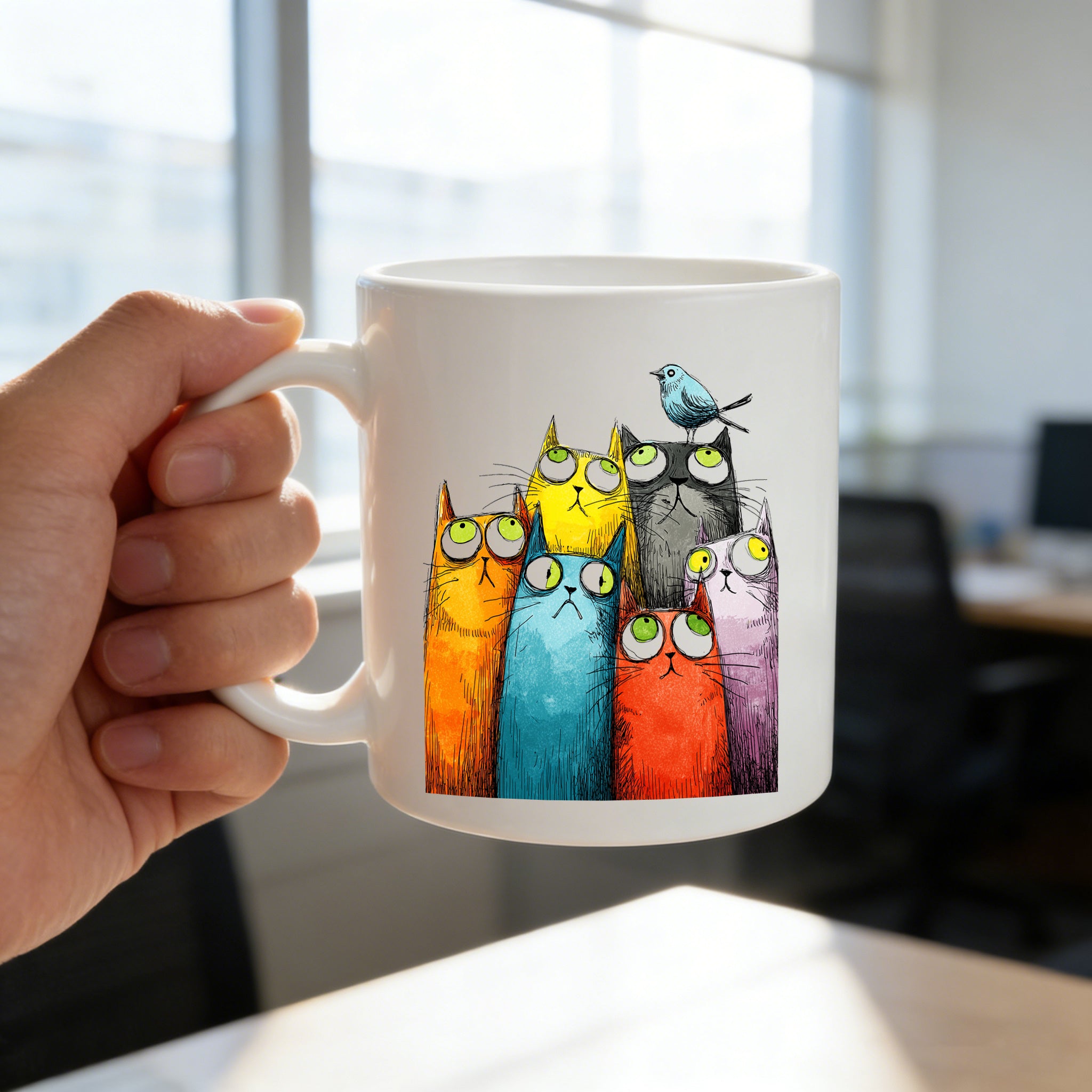 Tailorly White Ceramic 11 oz Mug - colorful stacked cats and blue bird