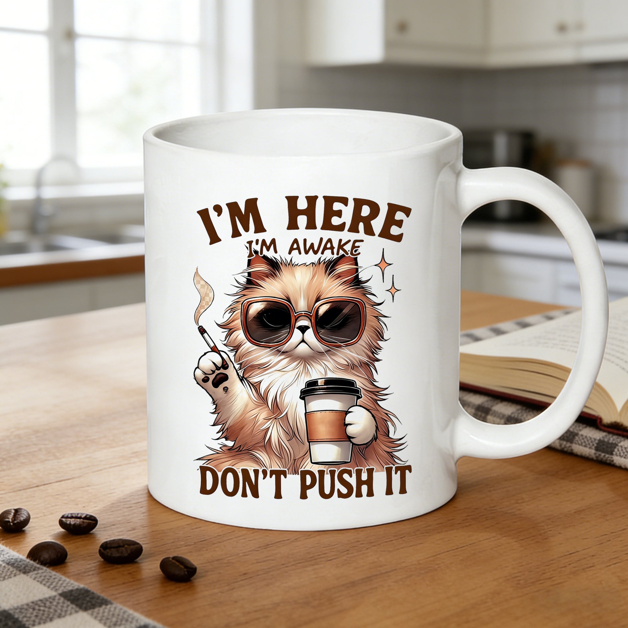 Tailorly White Ceramic 11 oz Mug - im here im awake text
