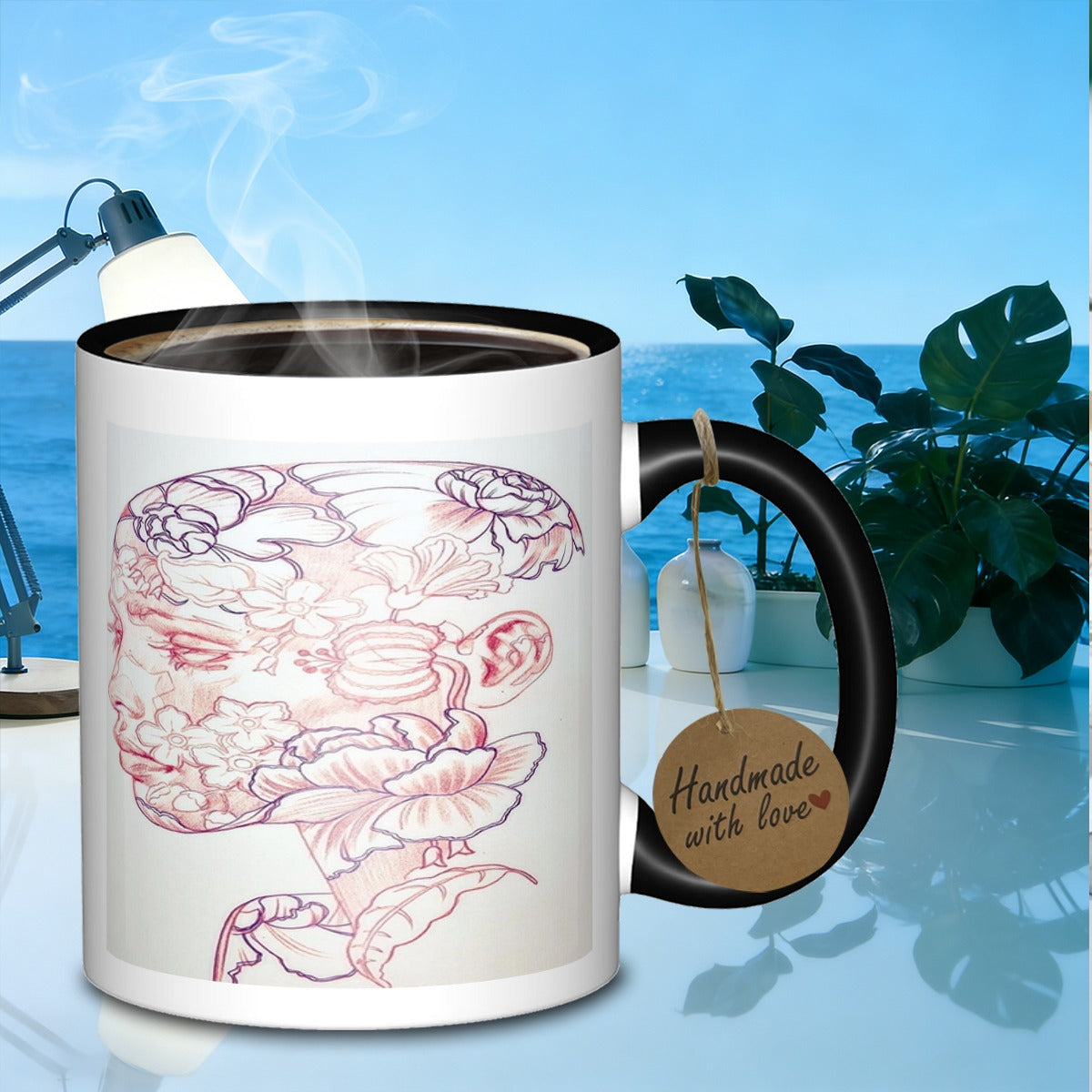 Tailorly Black Accent 11 oz Mug - floral portrait sketch