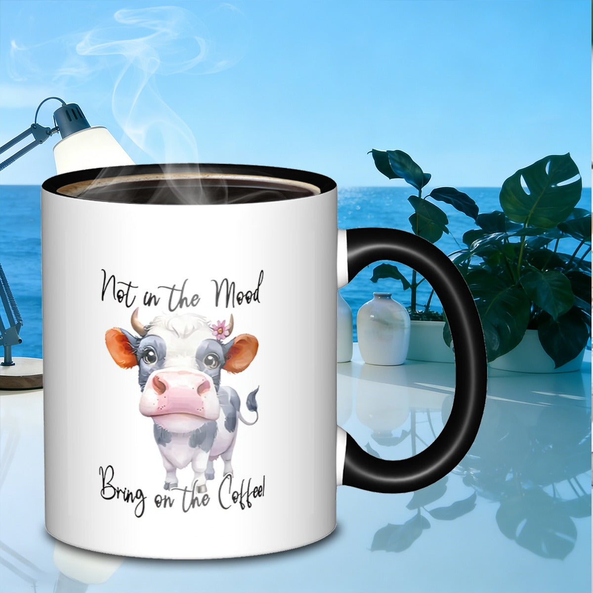 Tailorly Black Accent 11 oz Mug - cow and coffee lettering