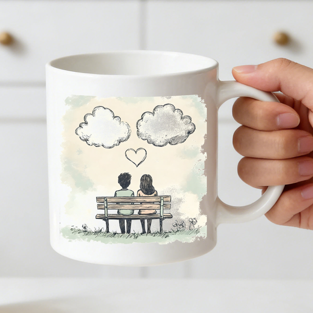 Tailorly White Ceramic 11 oz Mug - vintage bench couple romantic cloud