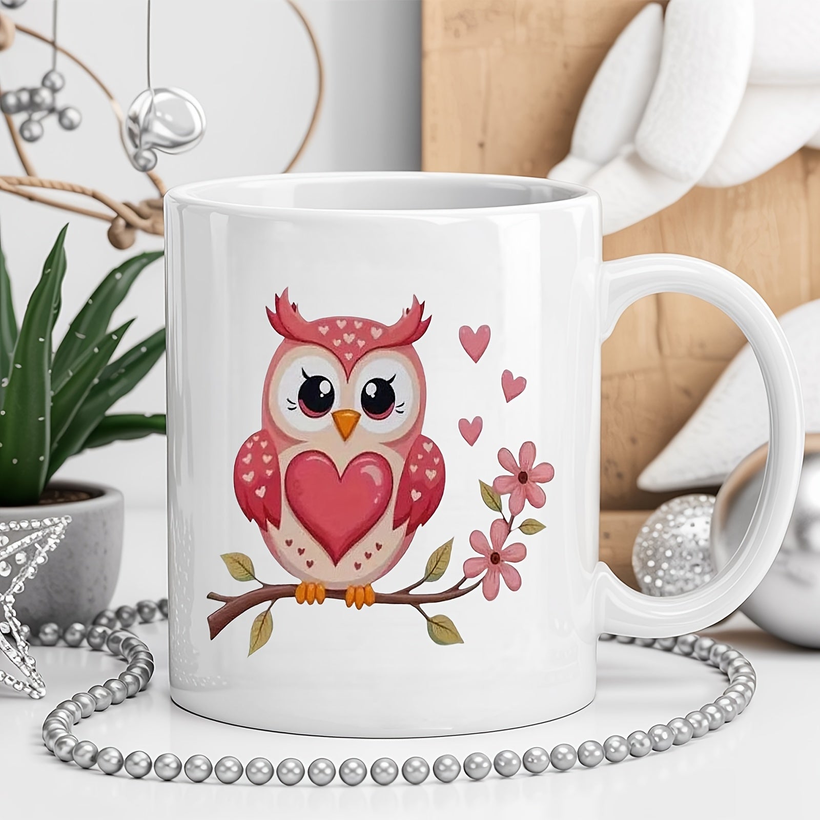 Tailorly White Ceramic 11 oz Mug - whimsical heart shaped owl face with big eyes