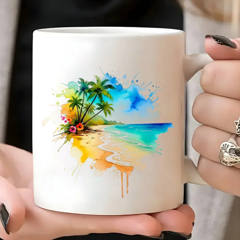 Tailorly White Ceramic 11 oz Mug - watercolor splash tropical tree ocean summer bright colorful floral shore art