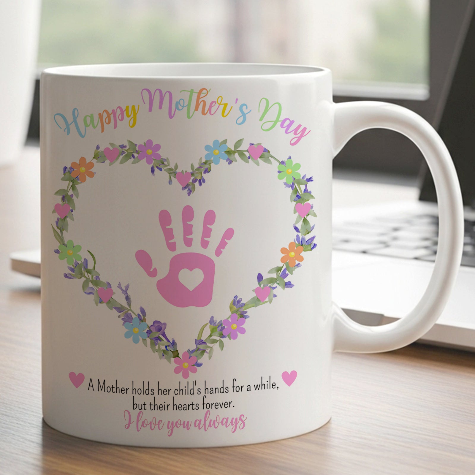 Tailorly White Ceramic 11 oz Mug - happy mothers day heart handprint