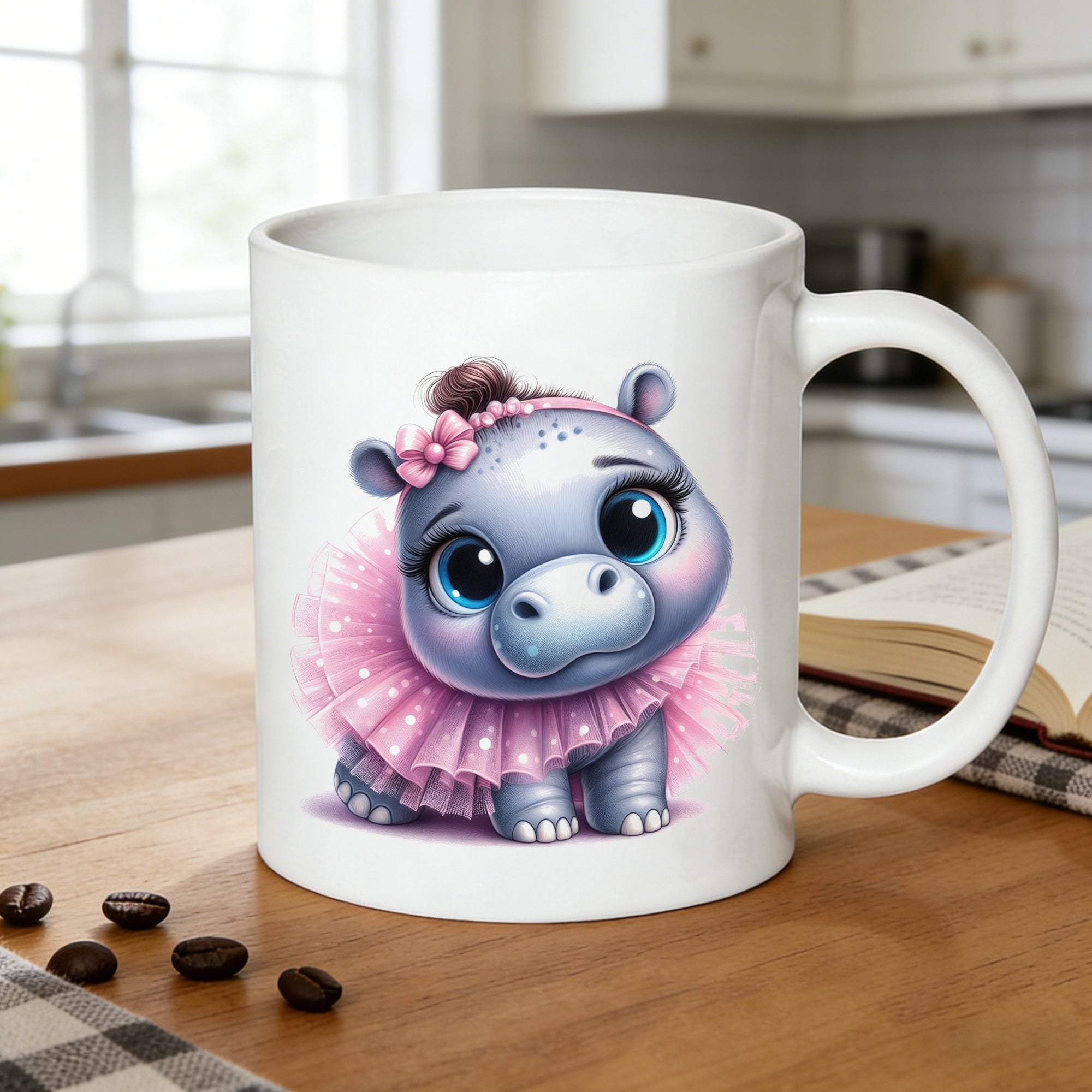 Tailorly White Ceramic 11 oz Mug - ballerina hippo in tutu