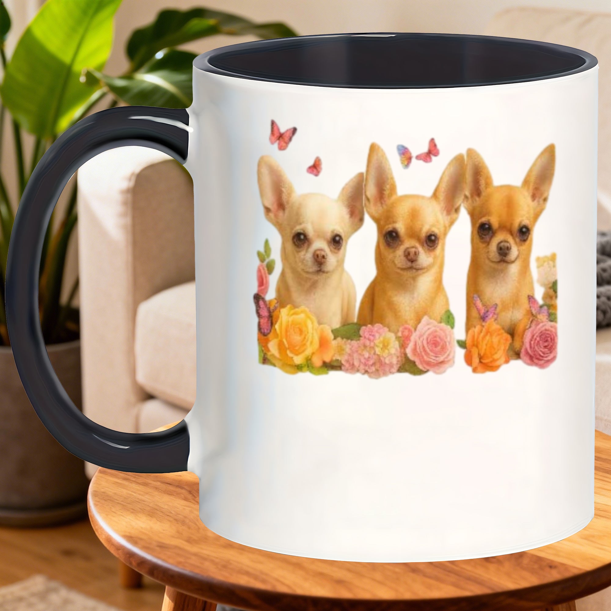 Tailorly Black Accent 11 oz Mug - cute chihuahua puppy and floral patterns