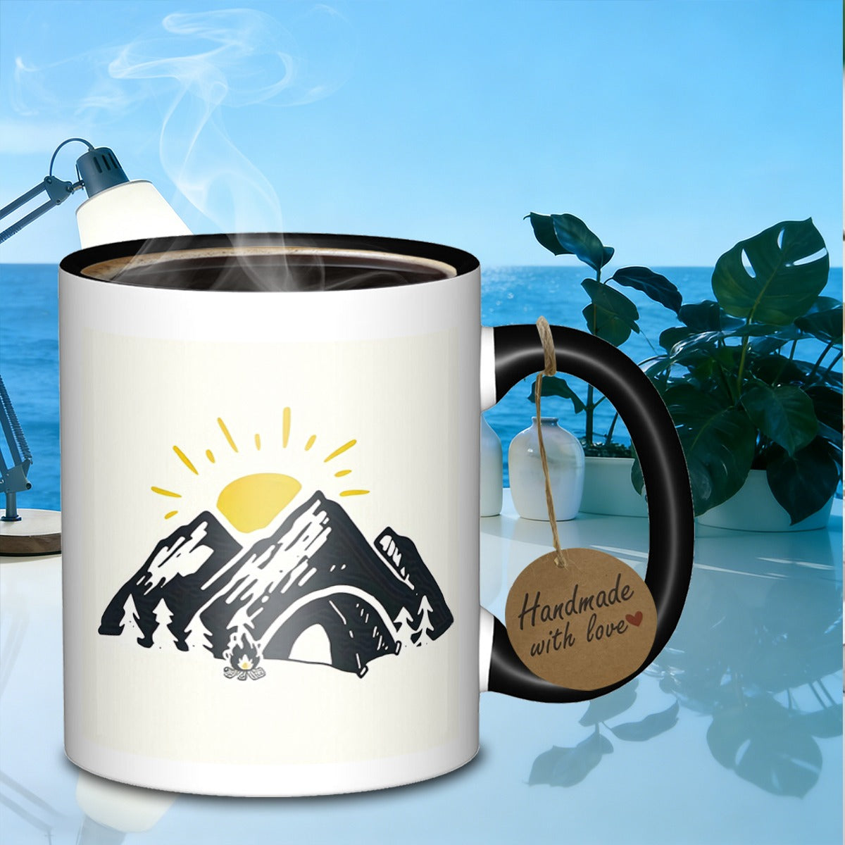 Tailorly Black Accent 11 oz Mug - camping in the mountains marble pattern