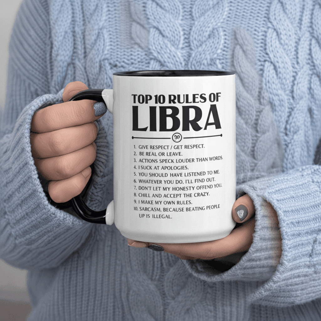 Tailorly Black Accent 11 oz Mug - Top 10 Rules of Libra Give Respect Be Real Make Own Rules