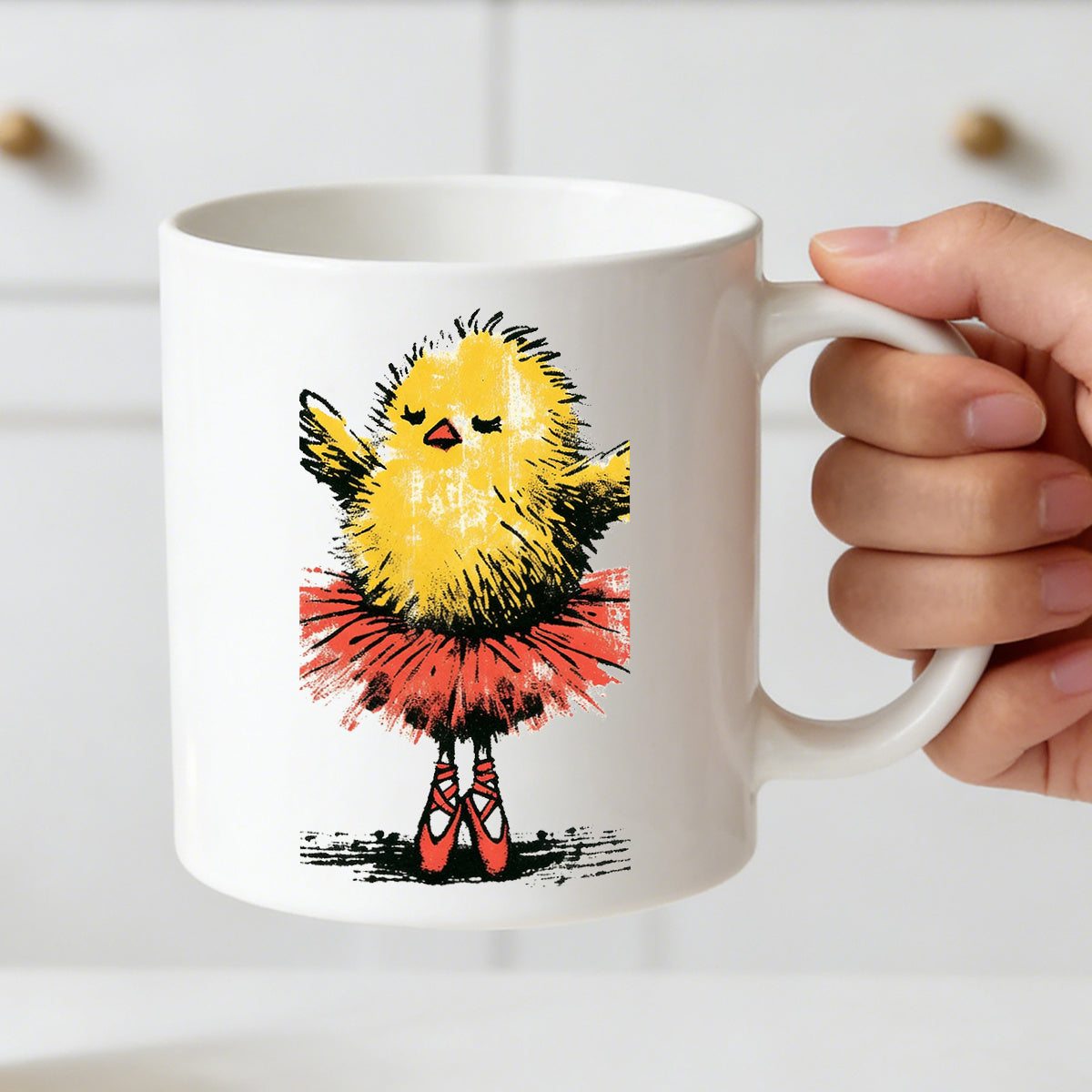 Tailorly White Ceramic 11 oz Mug - ballerina chick with red tutu