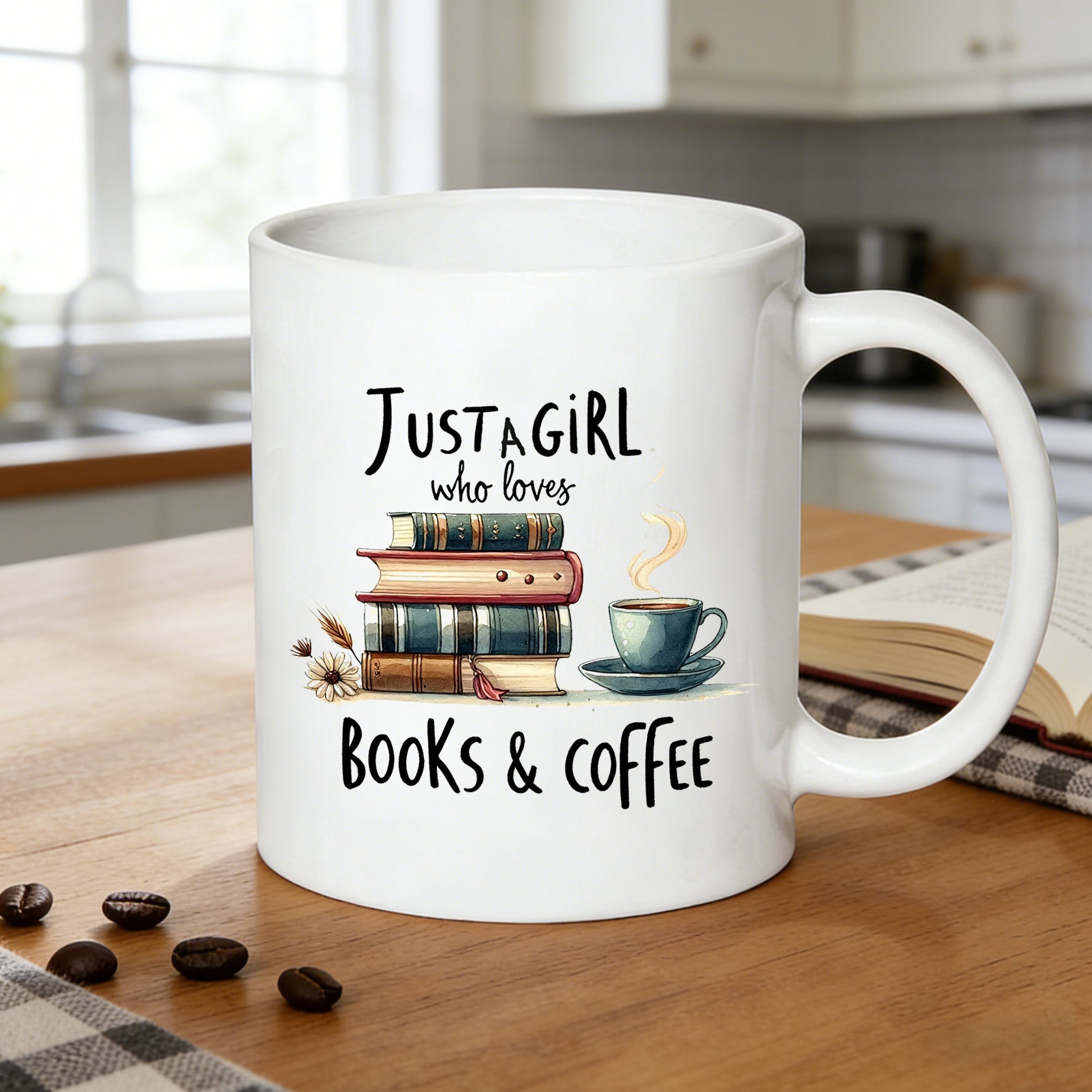 Tailorly White Ceramic 11 oz Mug - cozy book stack