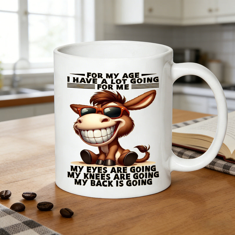 Tailorly White Ceramic 11 oz Mug - a humorous donkey wearing glasses