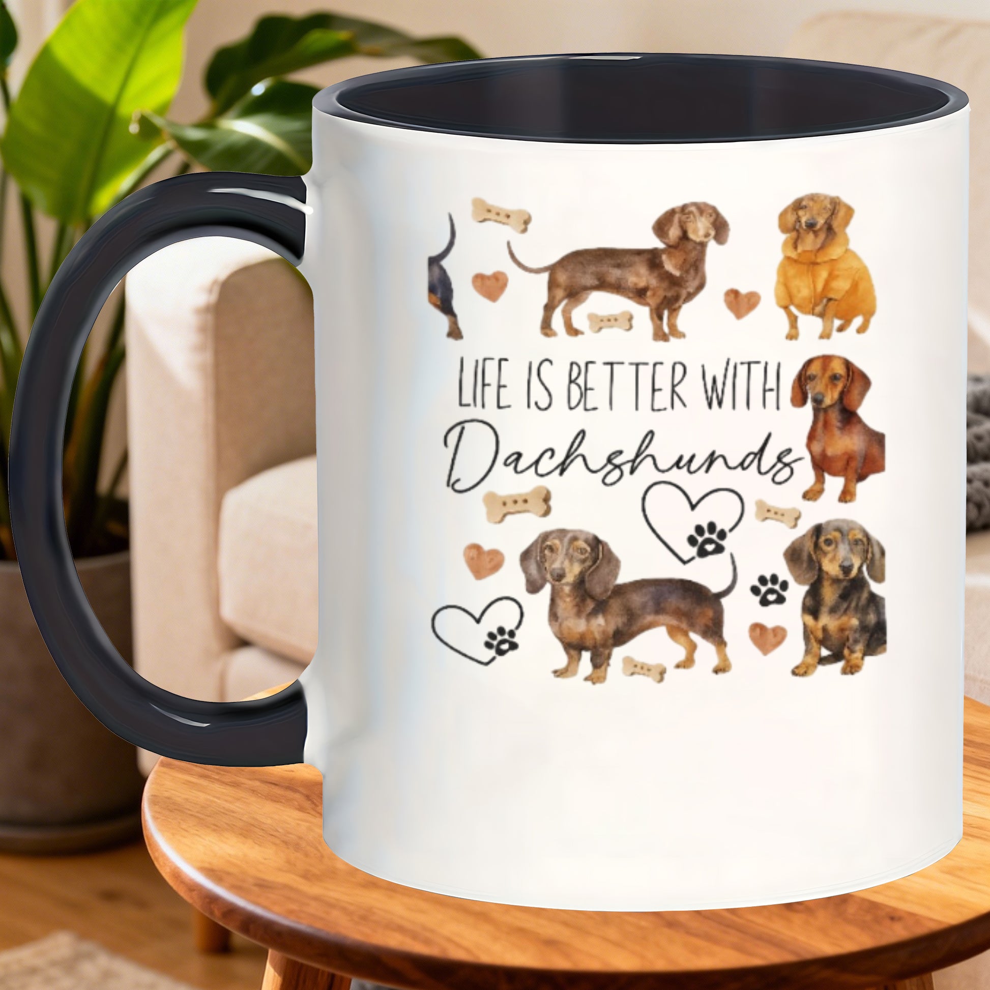 Tailorly Black Accent 11 oz Mug - adorable dachshund with hearts