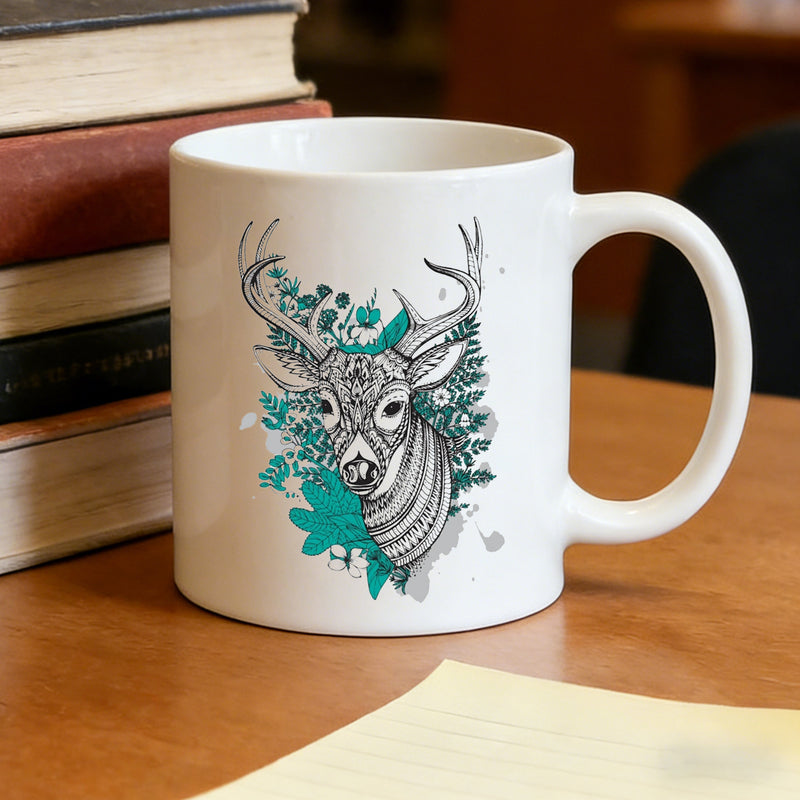 Tailorly White Ceramic 11 oz Mug - mandala deer head with teal floral designs