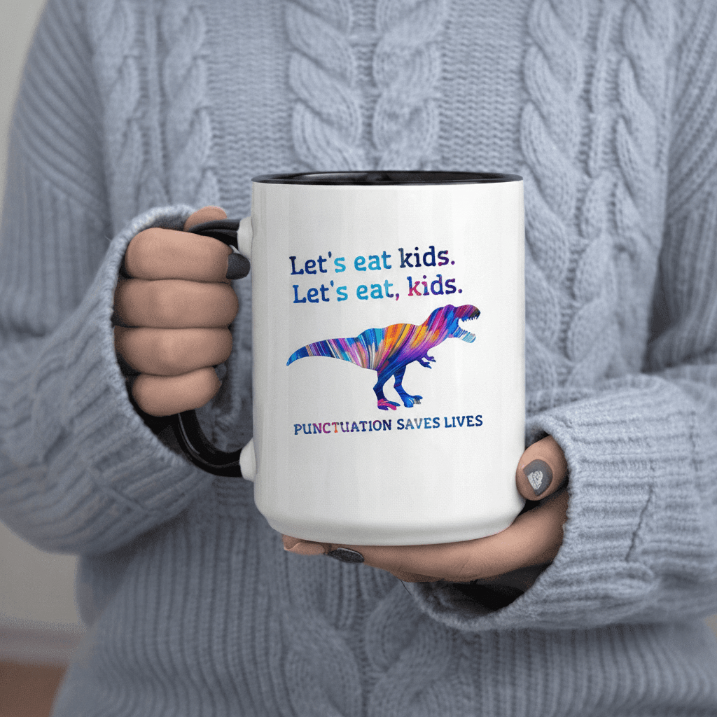 Tailorly Black Accent 11 oz Mug - Kids Dinosaur Funny Grammar Humor