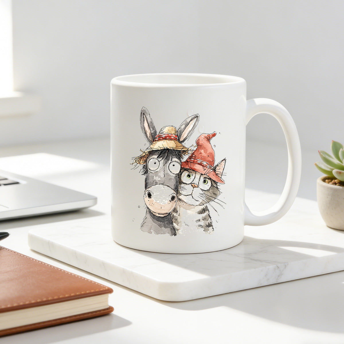 Tailorly White Ceramic 11 oz Mug - donkey and cat companion， watercolor， farm， adorable straw hat and witch hat
