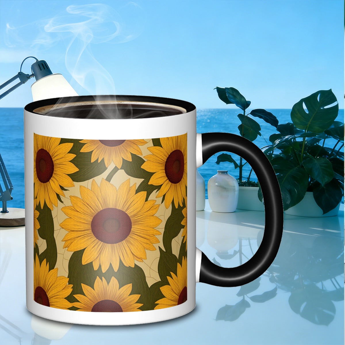 Tailorly Black Accent 11 oz Mug - sunflower floral repeat pattern