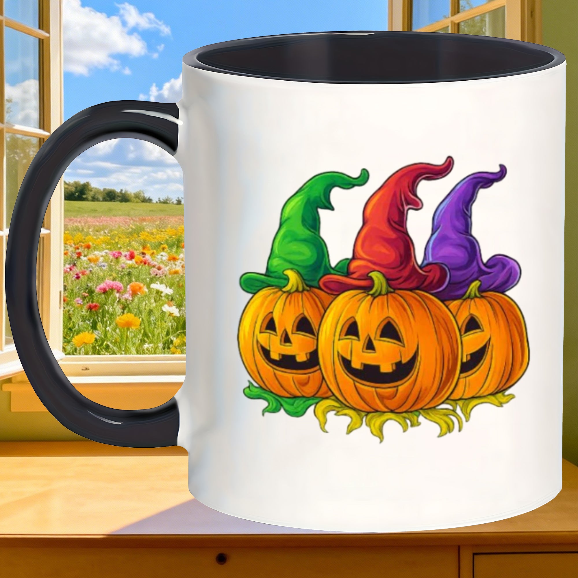 Tailorly Black Accent 11 oz Mug - halloween themed design with a pumpkin and witch hat