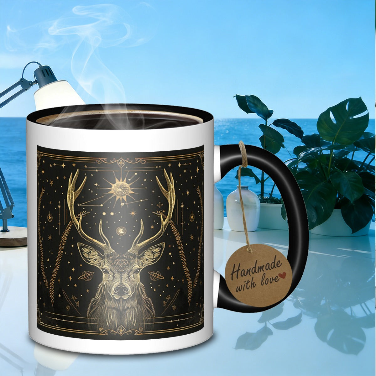 Tailorly Black Accent 11 oz Mug - celestial deer portrait