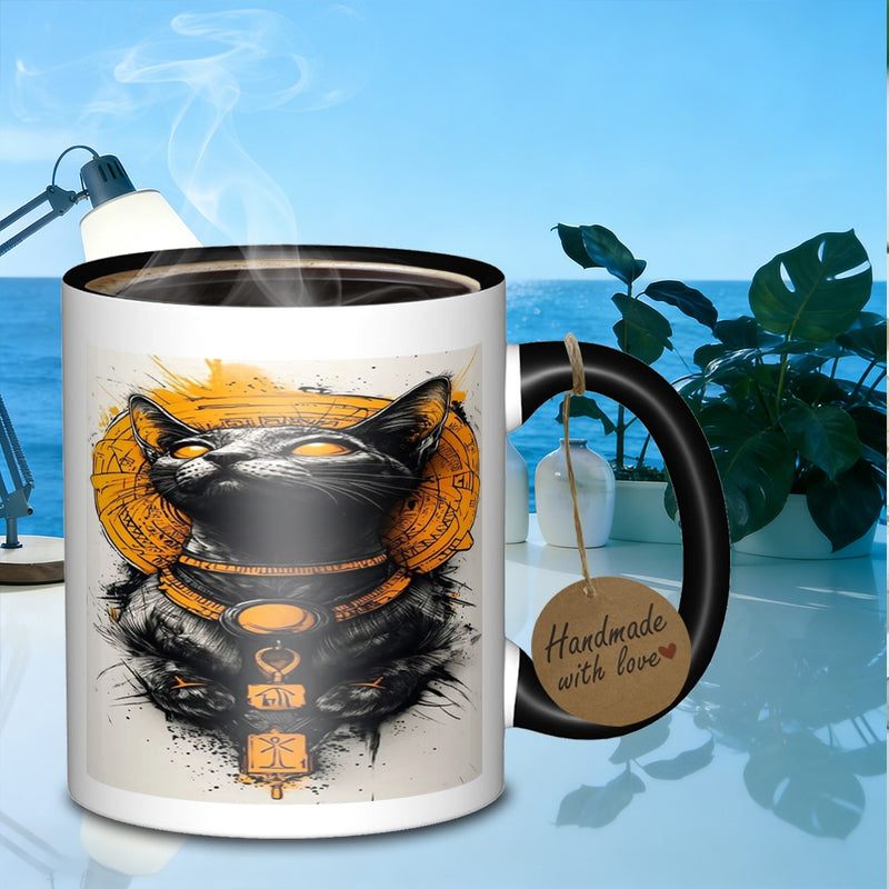 Tailorly Black Accent 11 oz Mug - egyptian feline deity design