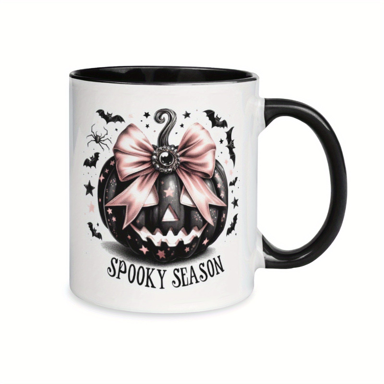 Tailorly Black Accent 11 oz Mug - pumpkin bats stars pink bow