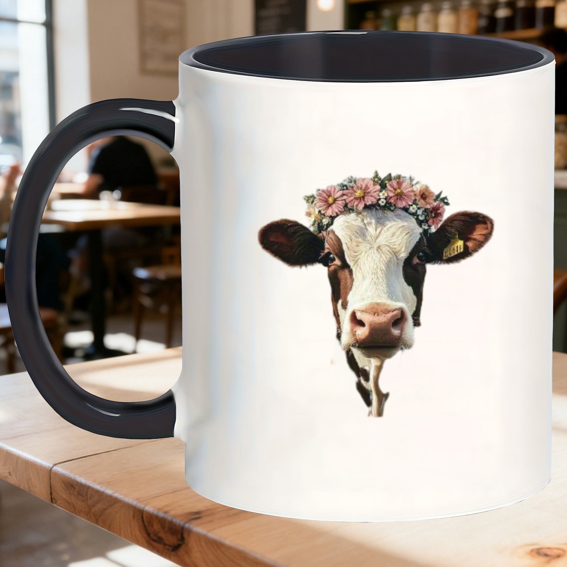 Tailorly Black Accent 11 oz Mug - cow themed with wreaths