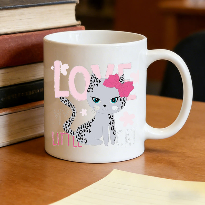 Tailorly White Ceramic 11 oz Mug - grey leopard print kitten with pink bow