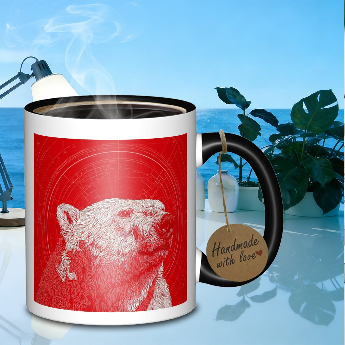 Tailorly Black Accent 11 oz Mug - bear portrait red background