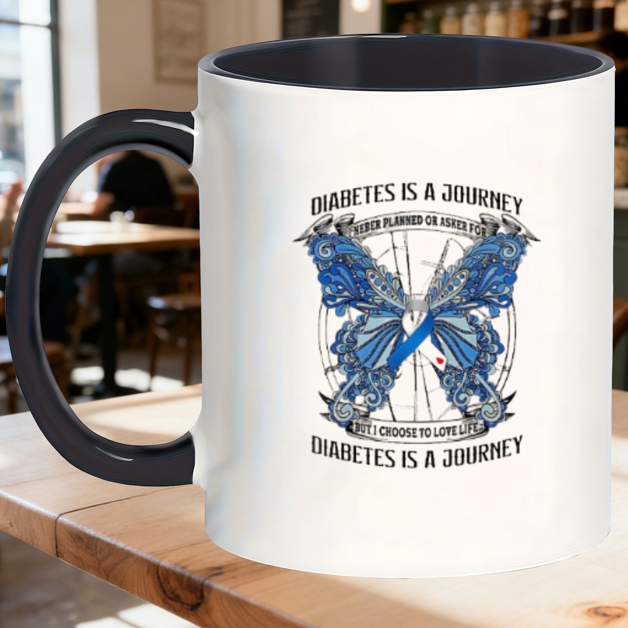 Tailorly Black Accent 11 oz Mug - diabetes is a journey text