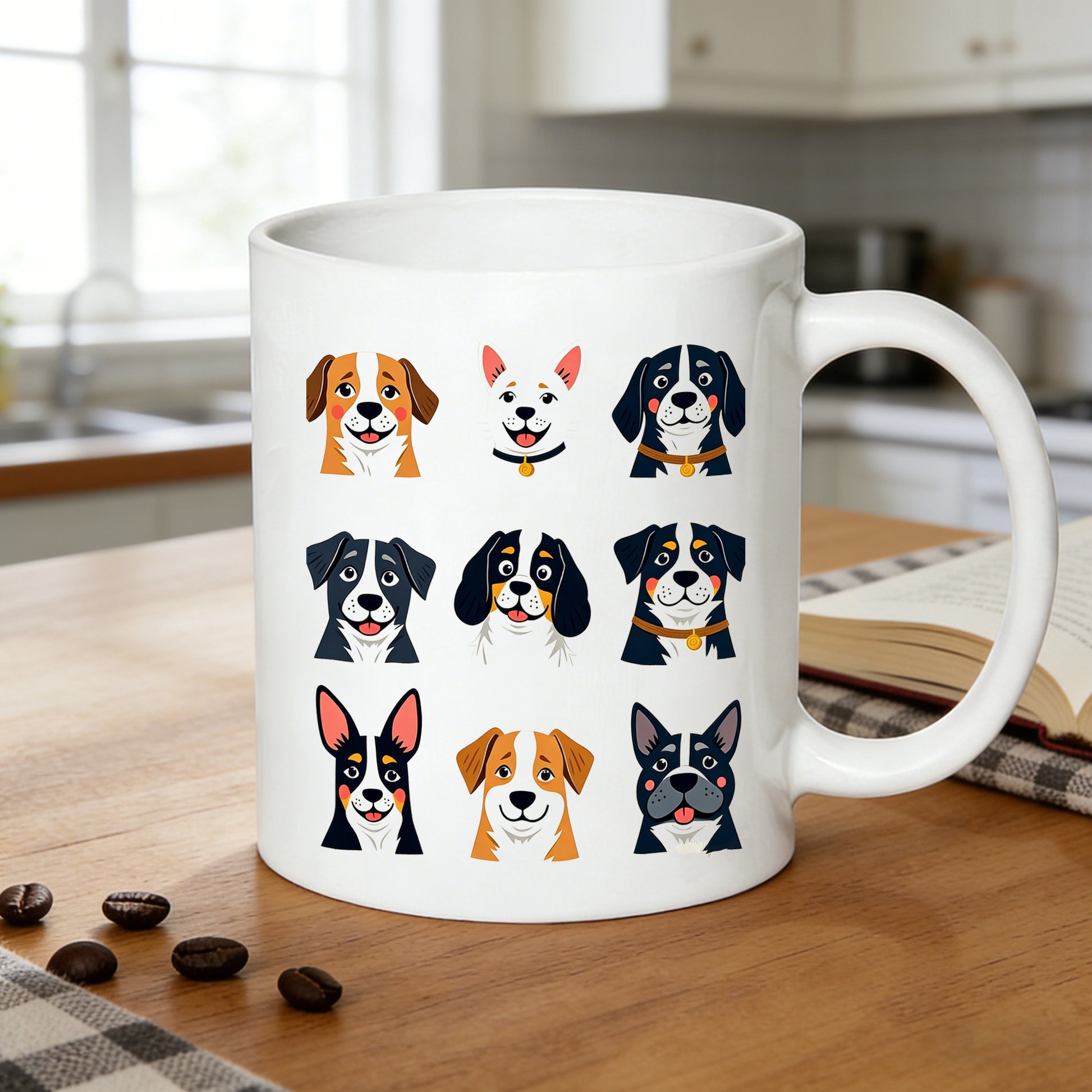 Tailorly White Ceramic 11 oz Mug - colorful cute puppy faces multi breed collage