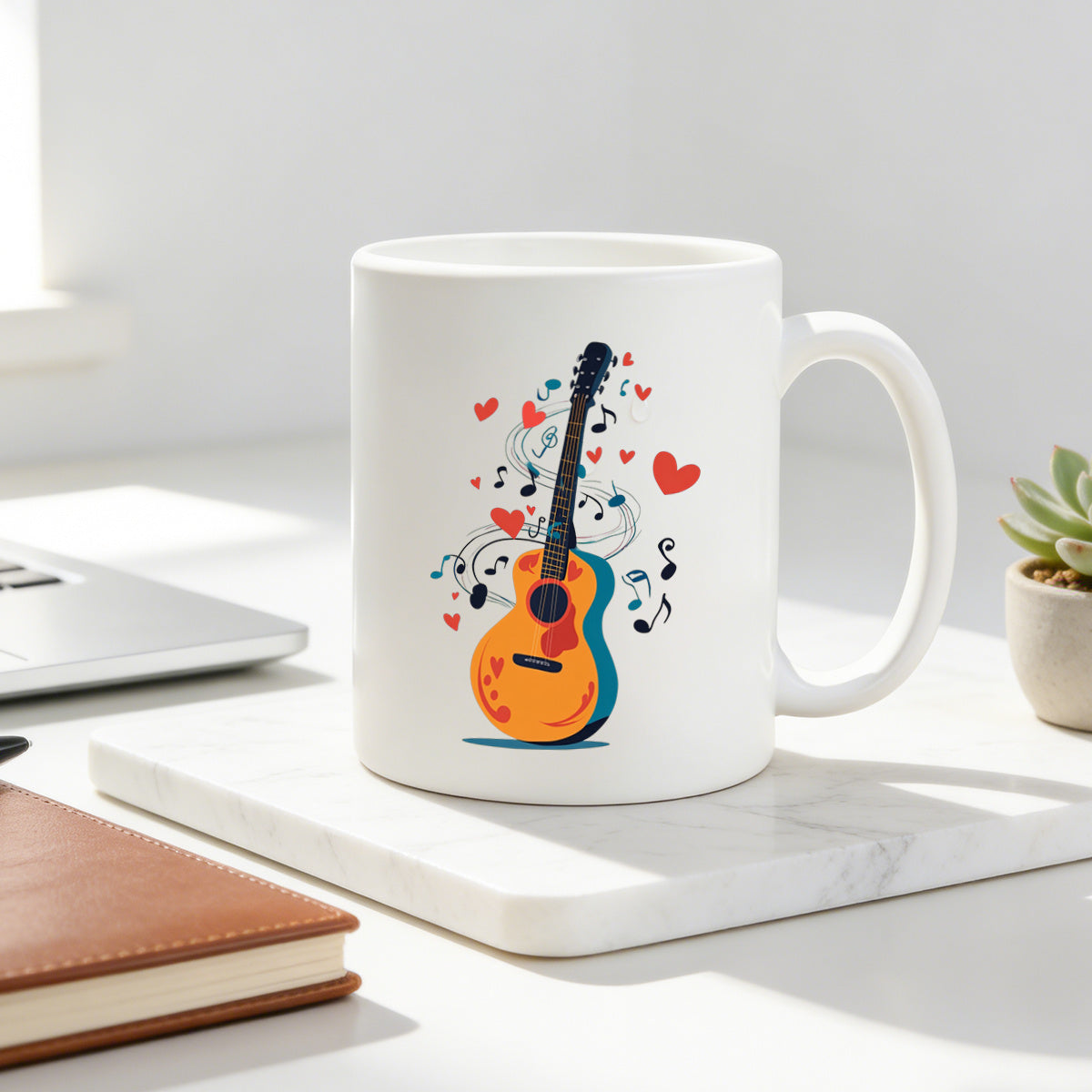 Tailorly White Ceramic 11 oz Mug - love heart acoustic guitar with red hearts and music notes cartoon