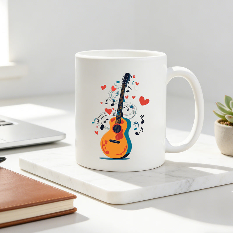Tailorly White Ceramic 11 oz Mug - love heart acoustic guitar with red hearts and music notes cartoon