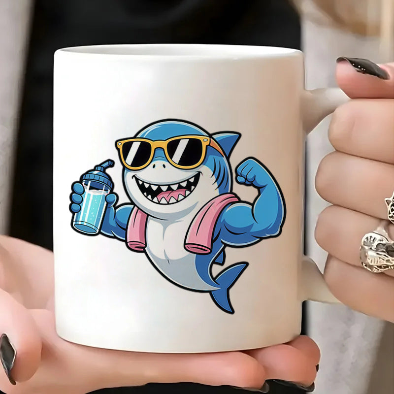 Tailorly White Ceramic 11 oz Mug - funny cartoon muscular workout with glasses