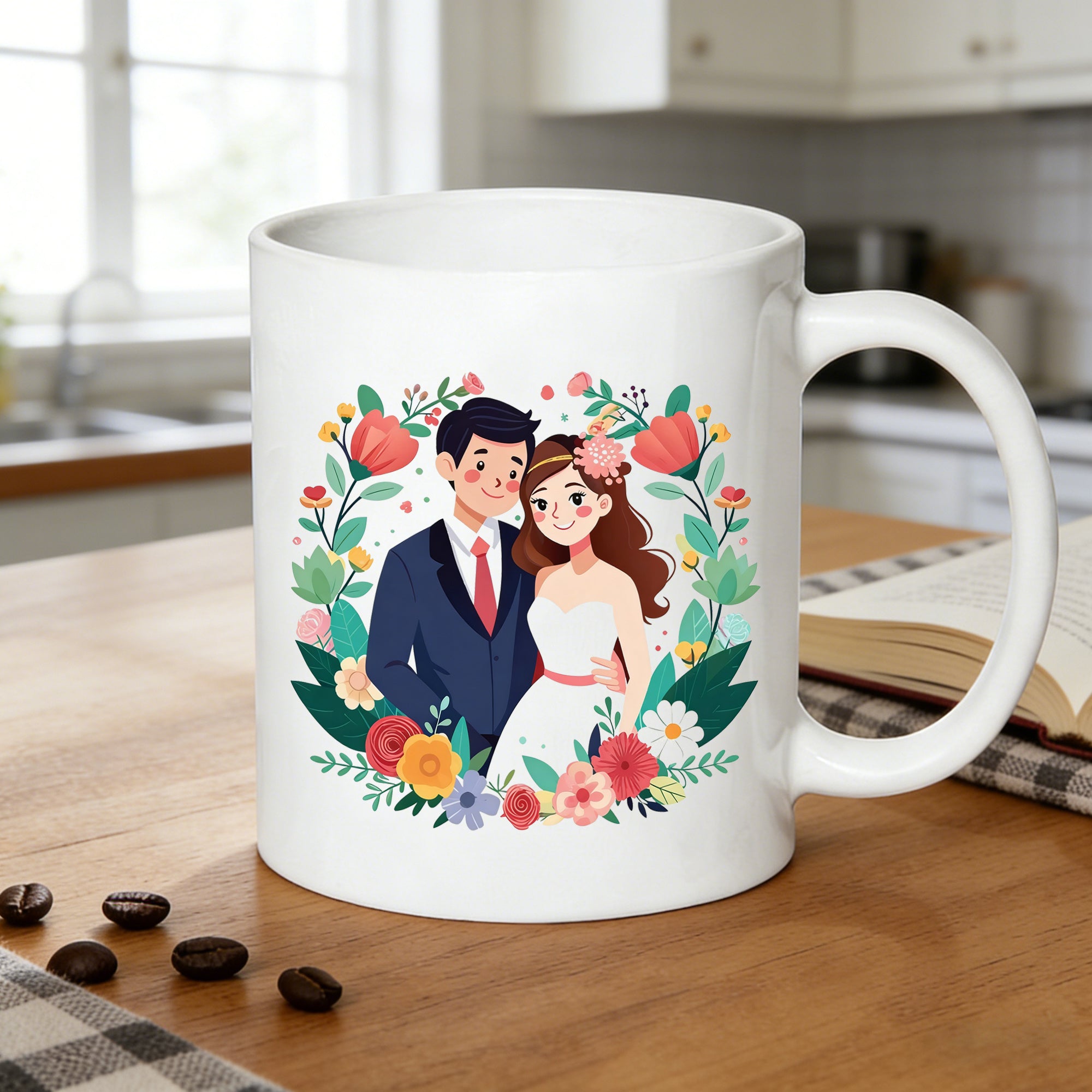 Tailorly White Ceramic 11 oz Mug - 11oz cute wedding couple mug floral frame bride groom cartoon print coffee cup perfect bridal shower wedding gift