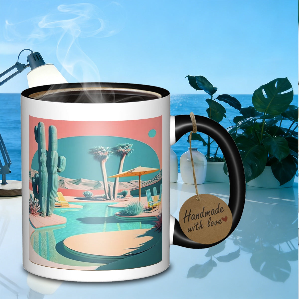 Tailorly Black Accent 11 oz Mug - poolside scene